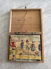 Antique 16 Wooden Picture Cube Puzzle Beach Scene Hinged Wooden Box Complete