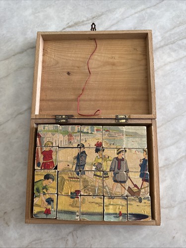 Antique 16 Wooden Picture Cube Puzzle Beach Scene Hinged Wooden Box Complete