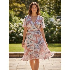 June & Hudson Blush Pink Floral Knee Length Wrap Dress Size Small Cottagecore
