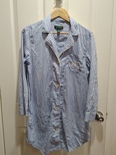Lauren Ralph Lauren Sleep Shirt Buttons Blue White Stripes Embroidered Logo Sz M