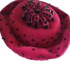 Mr Phil New York 50s 60s Womens Vintage Hat Velvet Fuscha Black Beads Small
