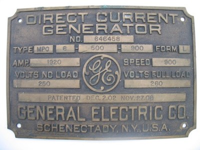 VINTAGE GENERAL ELECTRIC DIRECT CURRENT GENERATOR BRASS NAME PLATE