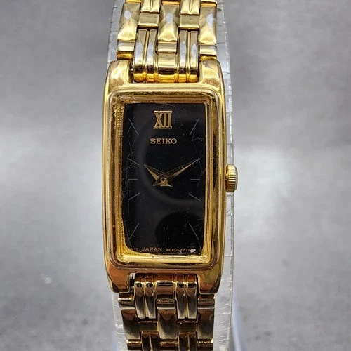 Seiko Tank Watch Women 13mm Black Dial Gold Tone 2e20-7021 New Battery ABC12