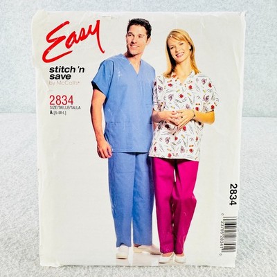 McCalls 2834 Scrubs V Neck Top and Pants Misses Mens Size S L Sewing Pattern