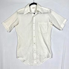 Vtg 70s Beall's White Windowpane Disco Button Up Shirt Mens S/M Dagger Collar