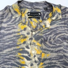 AllSaints Button Down Mens Medium Grey Yellow Tiger Print Relaxed Fit AS357095W