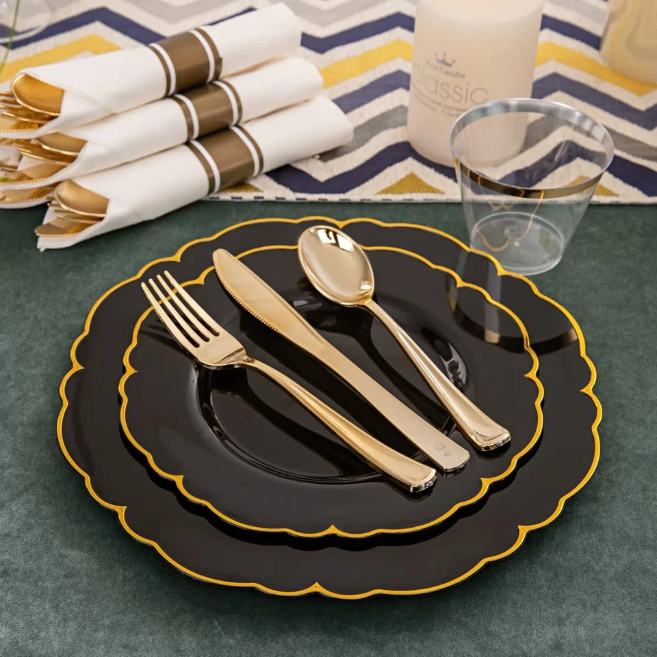 Morejoy 175 PIEZAS Placas de Plástico Negro Dorado, Placas Desechables Negras con Pre Foto 3 de 4