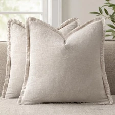 Set of 2 Decorative Throw Pillow Covers 18×18 Inch Soft Linen Fringe Farmhous...