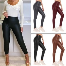 Womens Faux Leather Leggings Plain Wet Look PU Squat Proof High Waist Yoga Pant