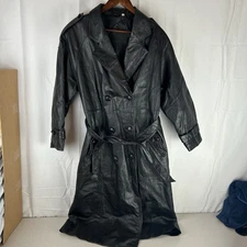 Preston York Womens Size Large Double Breasted Genuine Black Leather Trench Coat