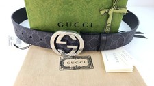 Authentic Gucci Mens Silver G Buckle Black Supreme Leather Belt Size 110/40