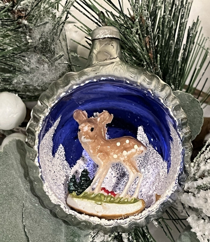 Vtg 1950's RIBBED Glass BABY DEER MUSHROOM TREE MOUNTAIN Diorama Ornament ITALY