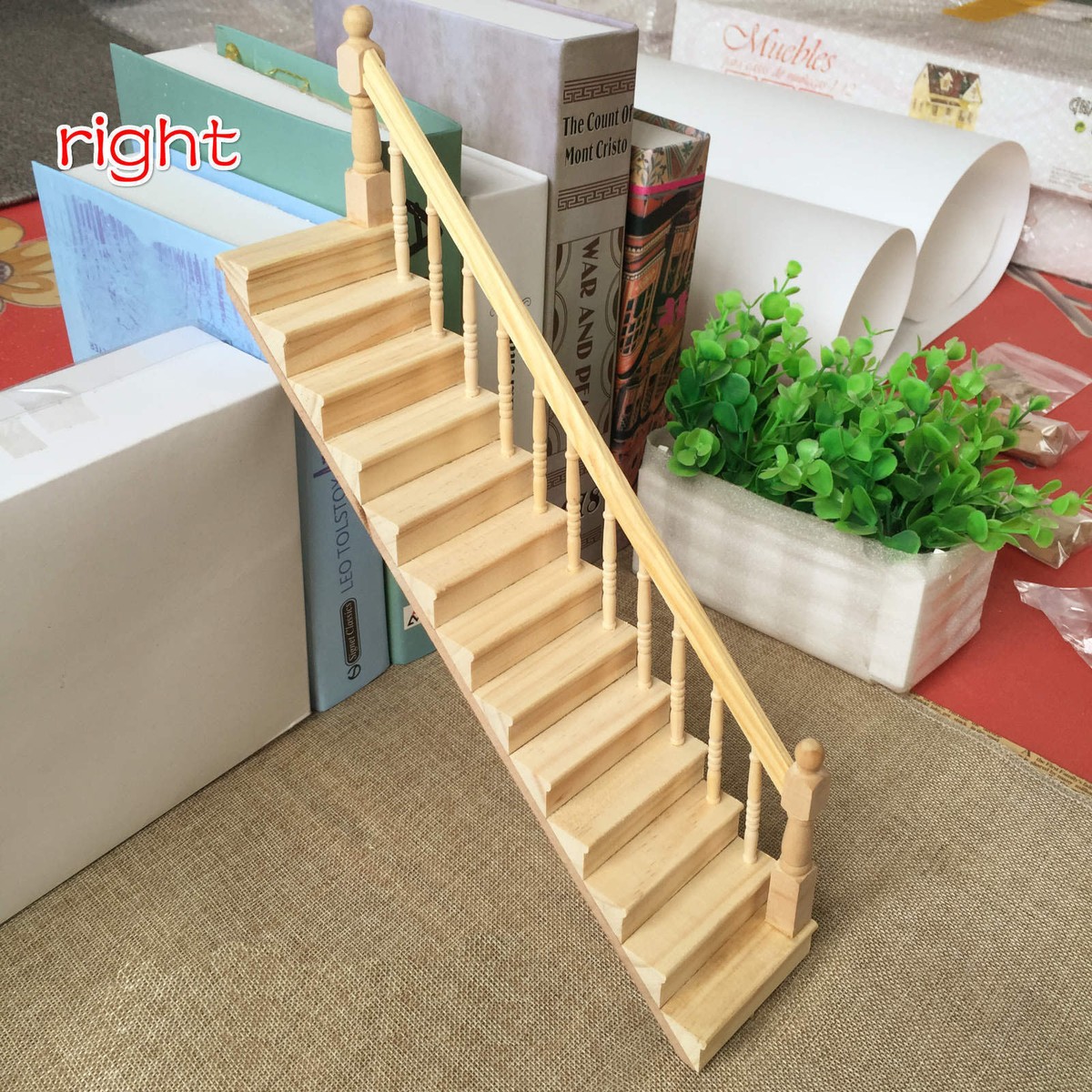 Dollhouse Miniature Wooden Straight Staircase Right Handrail Stair