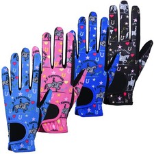 Ladies Childrens  Equestrian Horse Riding Gloves Synthetic Leather Printed 4Way