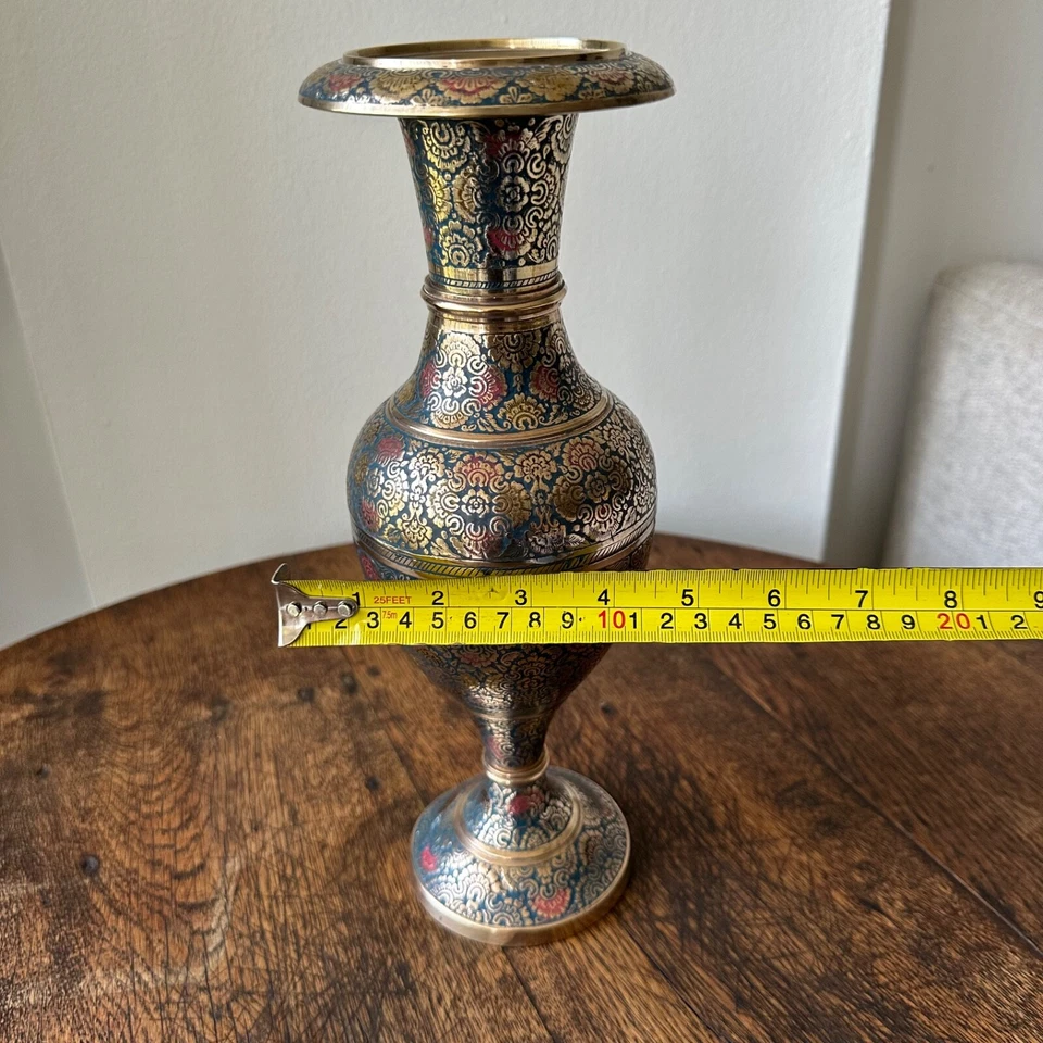 Florero de latón vintage multicolor de 12" pieza de exhibición artículo de decoración de regalo coleccionable Foto 2 de 4