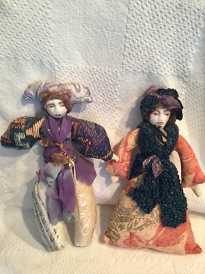 Vintage Cloth HANDMADE USA Harlequin Painted face Cloth Dolls 11  set of (2)