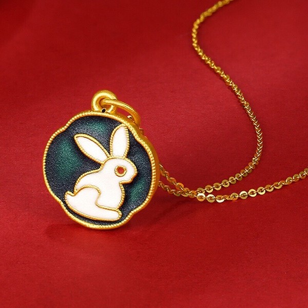 Alternate view of Vintage 18kgp Burn Blue Paint Jade Hare Shaped Pendant Necklace