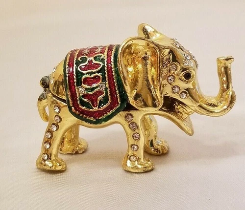 Gold Tone Elephant w/ Rhinestones Trinket Box Collectibles