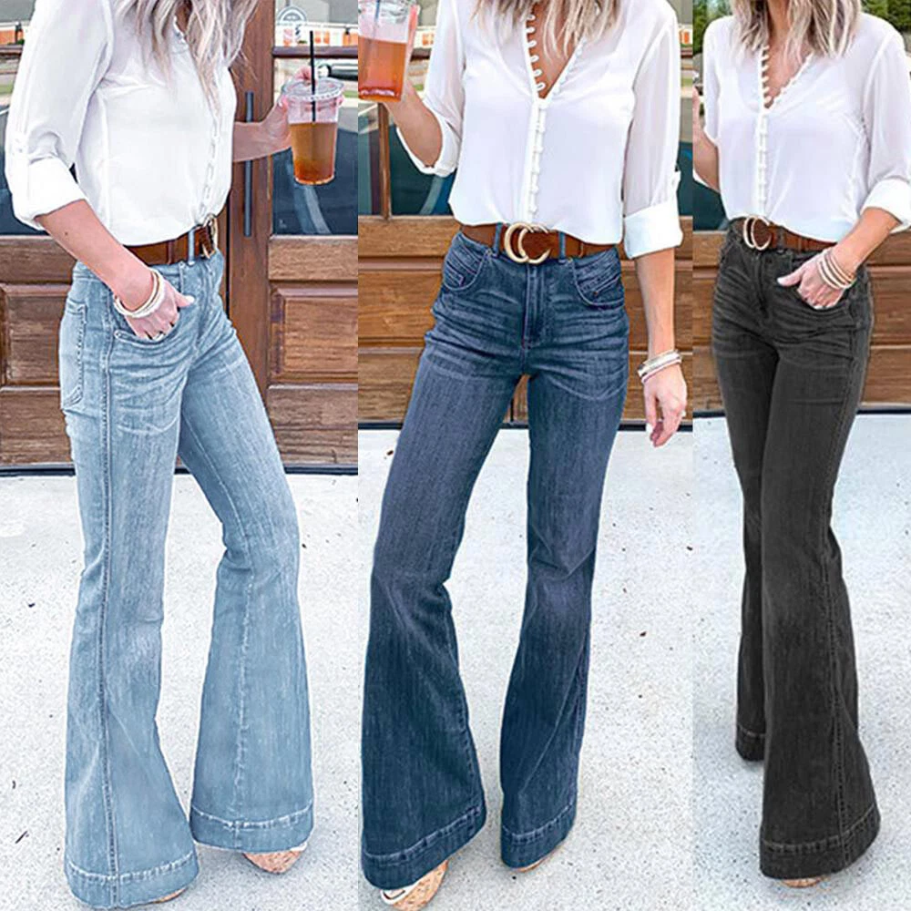 Womens High Waist Denim Jeans Wide Leg Pants Ladies Flared Bell Bottom  Trousers