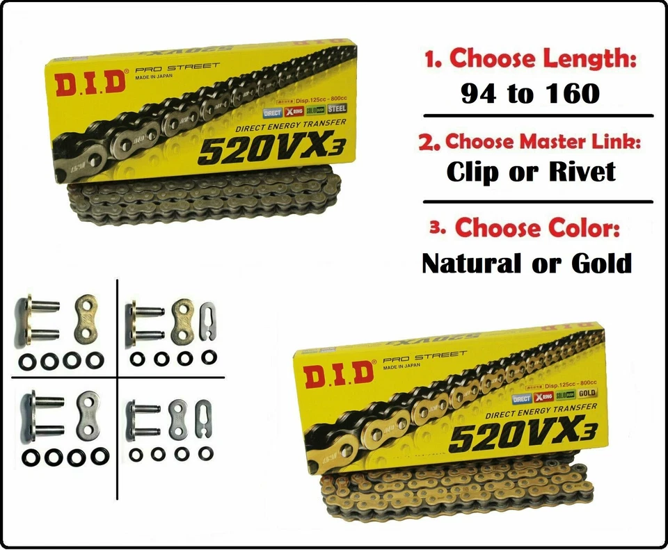 D.I.D DID 520 VX3 Xring Motorcycle Drive Chain Gold or Natural with Master Link - Bild 1 von 1
