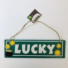 St Patricks Day Decoration Lucky Hanging Sign Painted Wood Glitter 3x10 Inches