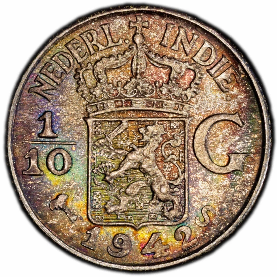 MS66 1942-S Netherlands East Indies 1/10 Gulden, PCGS Trueview- Rainbow Toned - Image 2 of 3