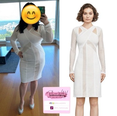 BCBGMAXAZRIA White Tan Lace Bodycon Mesh Long Sleeve Dress Sz L   Sexy & Stylish