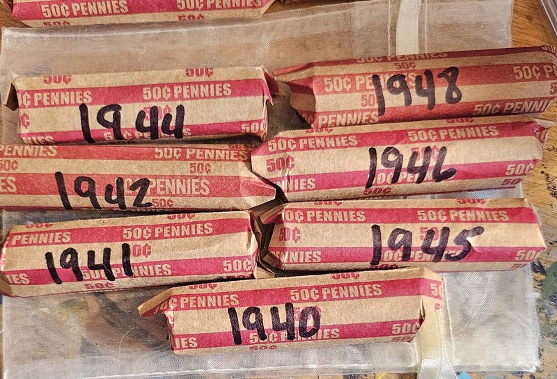 Lot Of (7) Rolls Of Wheat Pennies From 1940, 41, 42, 44, 45, 46, & 48