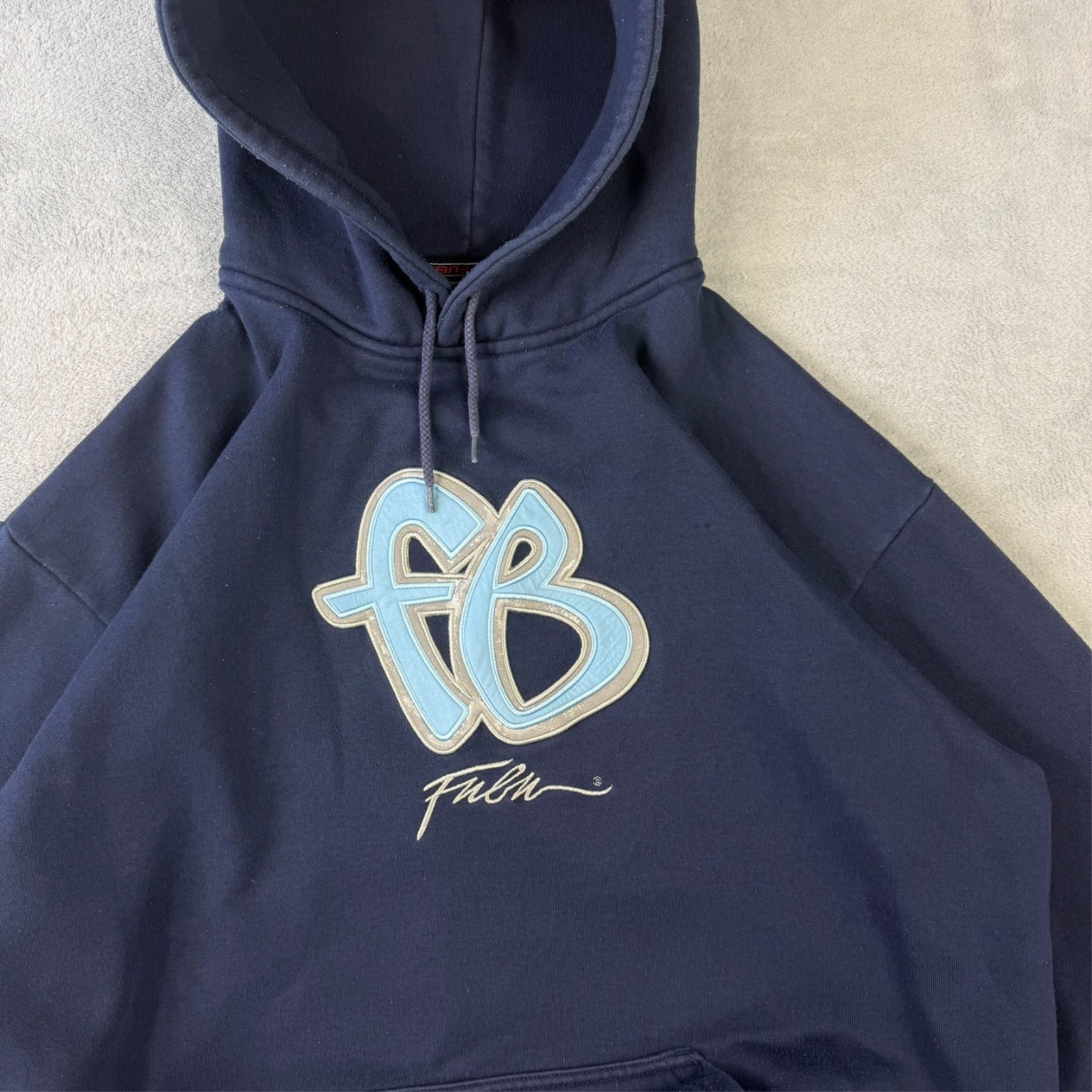 VTG Fubu 2000's Y2K Navy Blue Script Logo Heavyweight Oversized Medium Hoodie image 4