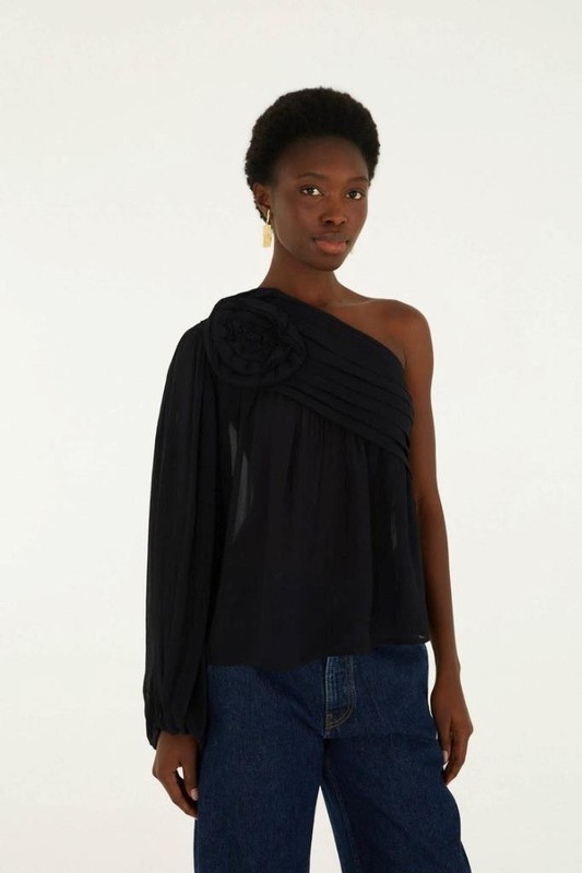 NW AUTH FARM RIO Black Rose One-Shoulder Blouse Top Shirt sz Large L FREE SHIP