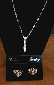 Swarovski Crystal Dangle Pendant Necklace & Crystal & Enamel Butterfly Earrings 