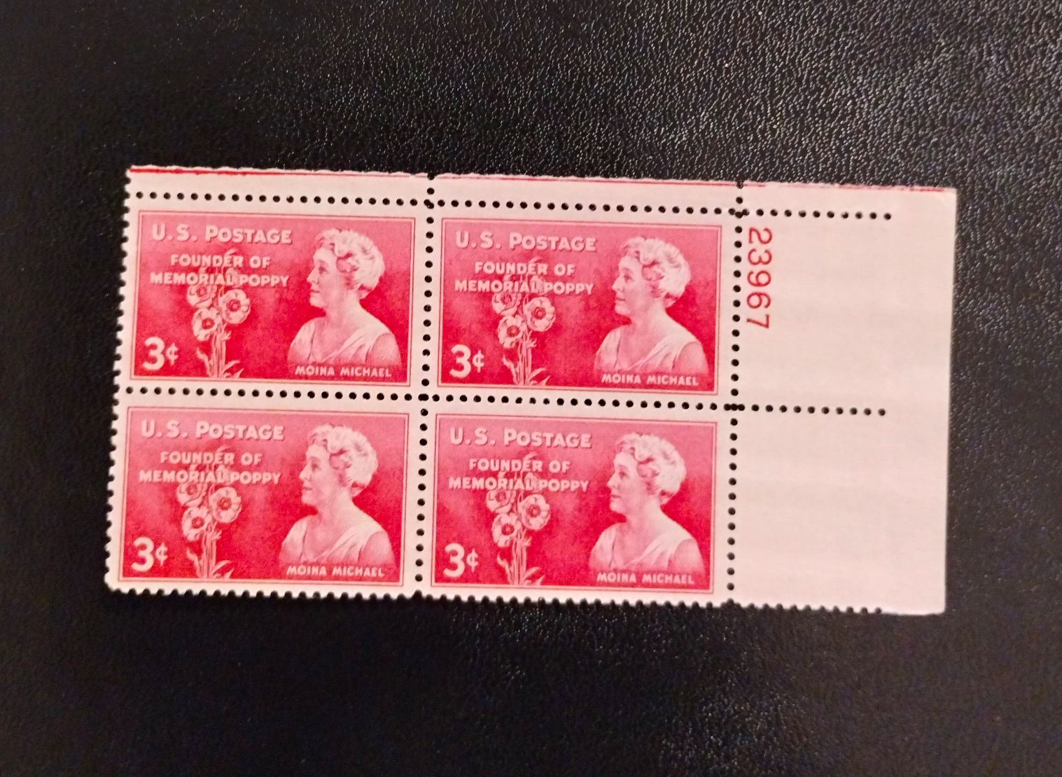 United States Moina Michael 3¢ Red Plate Block of 4 - MNH