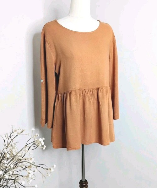 Dotti Blouse Peplum Long 3/4 Roll Sleeve Top Caramel Casual Office Sz 8 Viscose 
