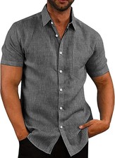 Men's Button Down Dress Shirt Short Sleeve - Black Regular Fit Casual Linen