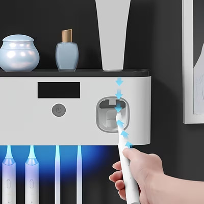 Wall-Mount Toothbrush Holder w/ Toothpaste Dispenser   3-in-1 Bathroom Organizer