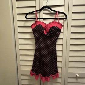 Victoria's Secret Sexy Little Things Chemise 36C Black Pink Babydoll Polka Dots