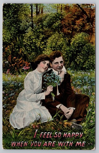 1910s Romance Forget-Me-Nots I feel so Happy When You're with Me Couple Postcard