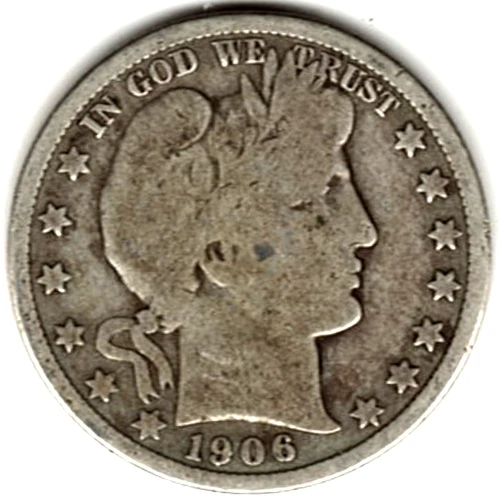 1906 Barber Half Dollar grades VERY GOOD + ~ FULL RIMS  stk h17