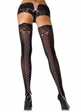 Pink Lace Up Print Stay Up Opaque Thigh High Stockings (20994242)