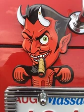 RED DEVIL SATAN LUCIFER LICENSE PLATE TOPPER  ALL METAL + hot rod sticker/decal