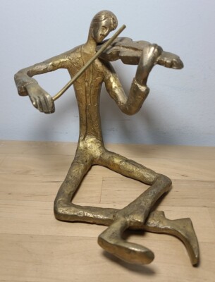 Brutalist Vintage Brass Abstract Statue Figure Sitting Violinist Violin Player