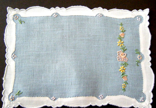 Antique set of 5 Madeira Cocktail Napkins, blue linen voile color h embroi/ry