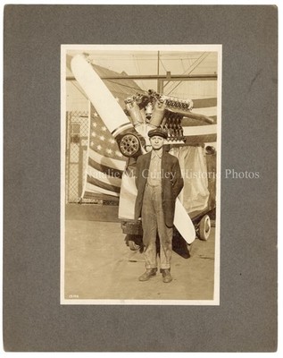 1930s Aircraft Mechanic w/ Propeller Engine Mounted Photo
