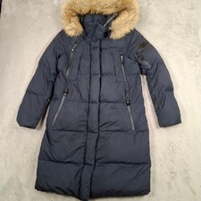 Superdry Coat Womens UK 6 Navy Down Puffer Parka Fur Hood Louisa Premium 90/10