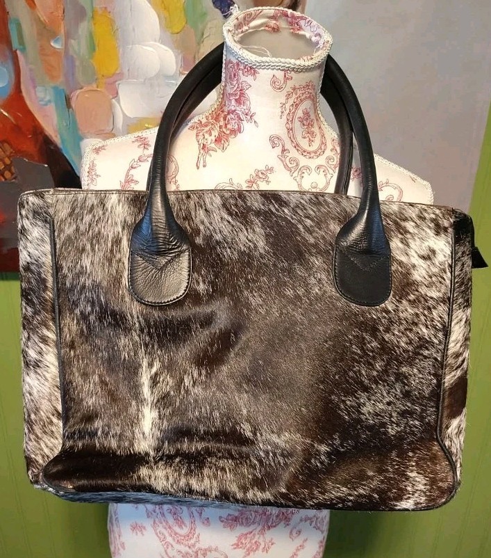 Multicolor Faux Cowhide Large Tote Bag with Zipper in Brown