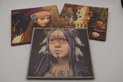 Handmade Vinyl Art Tiles Set of 3 Boho Spiritual Decor Ganesha Portrait