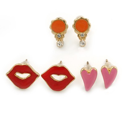 Kinder/Jugendliche/Kinder rosa Herz, rote Lippen, orange verspiegelte Ohrring Set