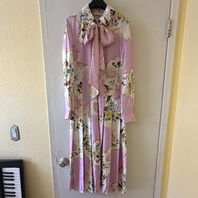 Tory Burch Pink Floral Bow Silk Midi Dress Long Sleeve