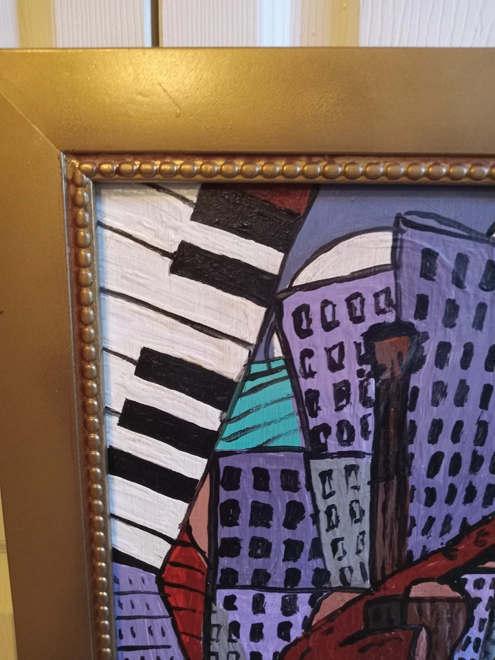 Instrumentos musicales cubistas modernistas de colección pintura y paisaje urbano firmados AVZ 1971 Foto 3 de 4