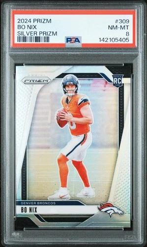142105405 Bo Nix 2024 Panini Prizm #309 Silver Rookie RC PSA 8